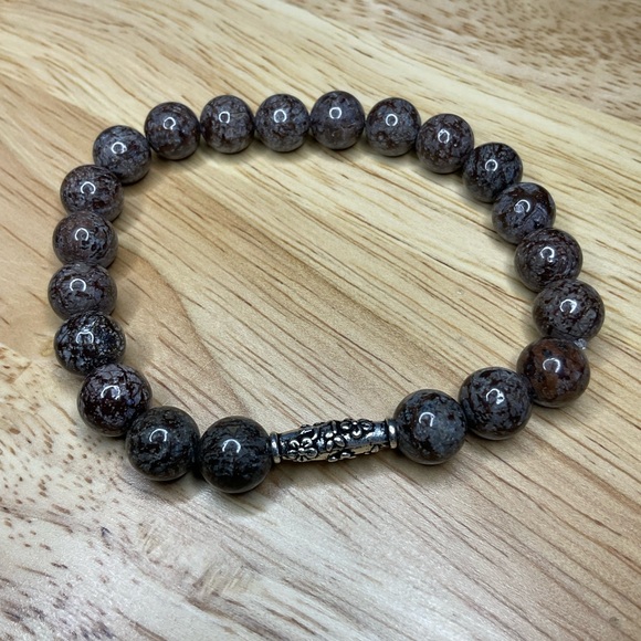 Coffee Brown Snowflake Jasper 8mm Beaded Bracelet with Flower Scroll Bead - Picture 5 of 5